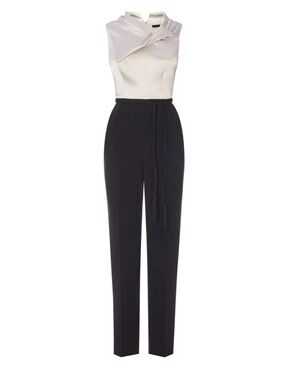 Sleeveless Two-Tone Jumpsuit with Draped Ivory Top and Black Trousers